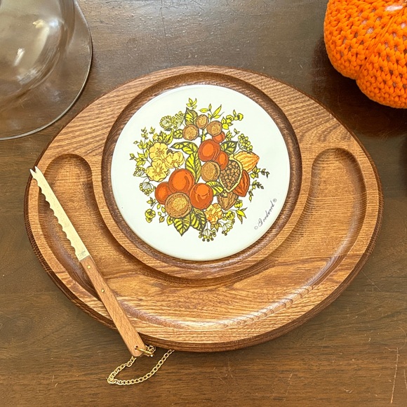 Vintage Cheese Board with Glass Dome and Teakwood Base- “Spice of Life” Pattern - Picture 2 of 5